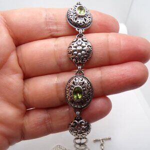 925 SS Beria Ornate Link Bracelet with Peridots Balinese Toggle Bracelet